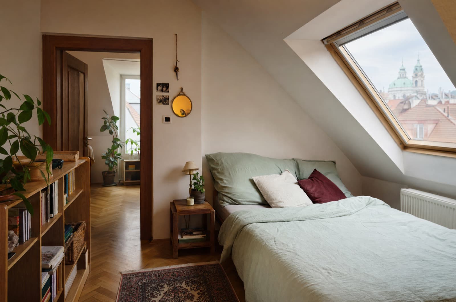 Quiet back room with a bay window